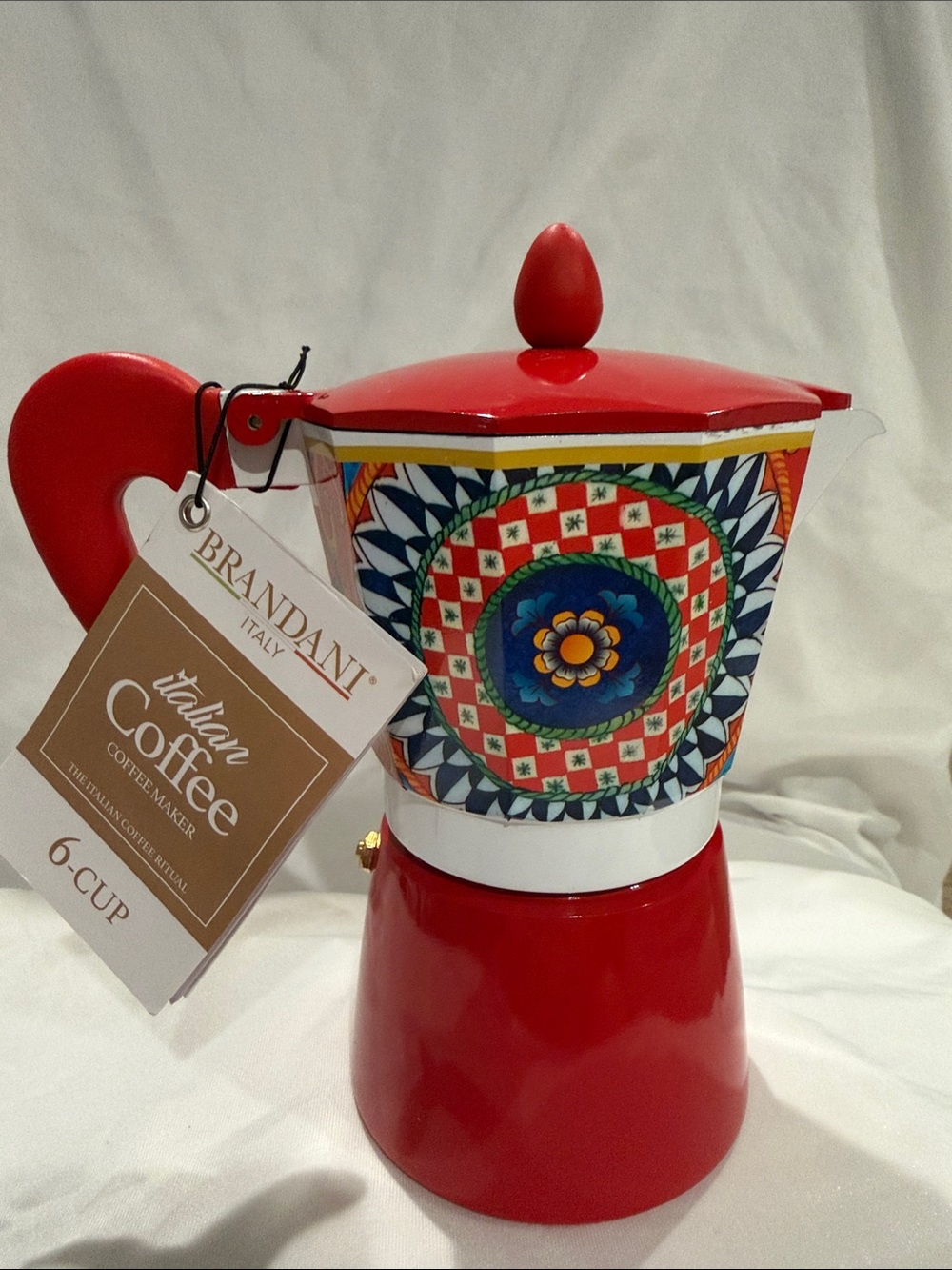 Red Italian 6-Cup Stovetop Coffee Maker with Decorative Pattern
